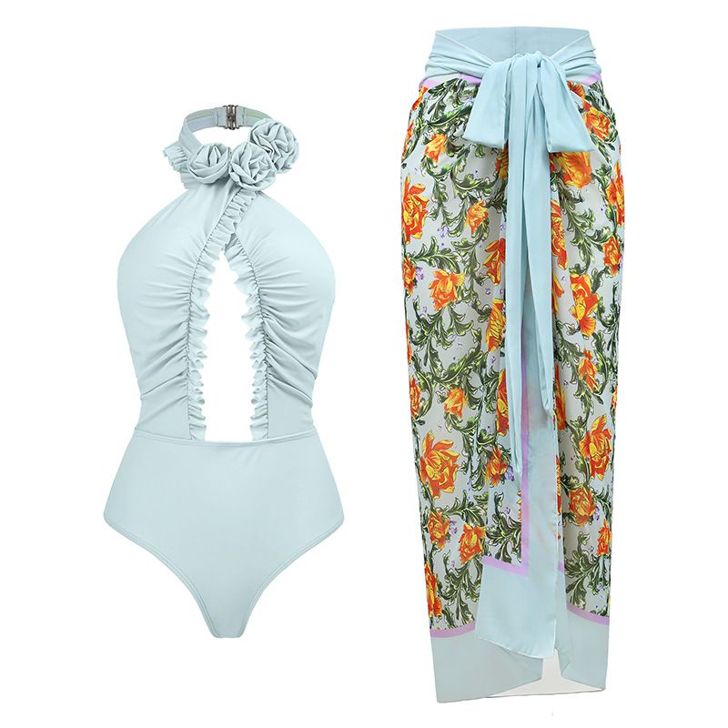 Fashion Blue Halterneck Swimsuit Suit Nylon Halter Neck Hollow One-piece Swimsuit Knotted Beach Skirt Set