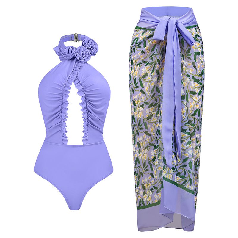 Fashion Purple Halterneck Swimsuit Set Nylon Halterneck Hollow One-piece Swimsuit Knotted Beach Skirt Set