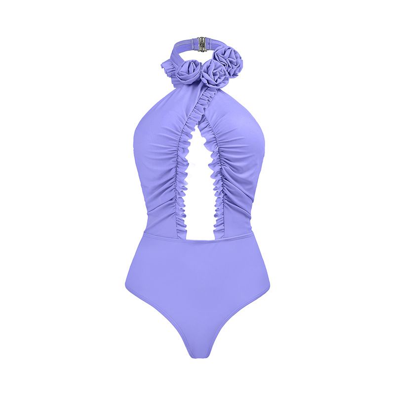Fashion Purple Halterneck Swimsuit Nylon Halterneck Hollow One-piece Swimsuit