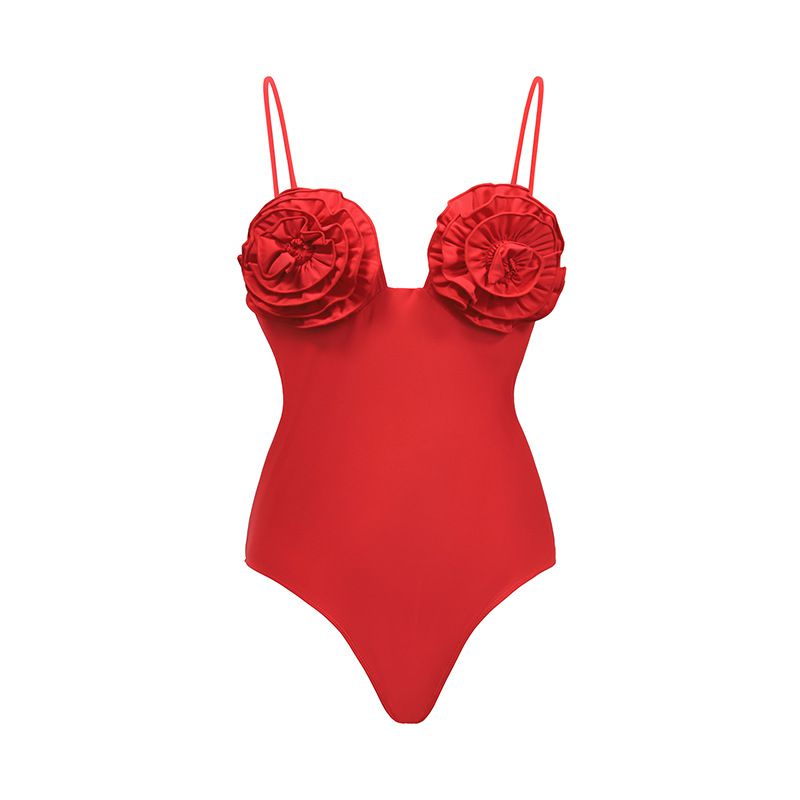 Fashion Red Floral Swimsuit Nylon Flower One-piece Swimsuit