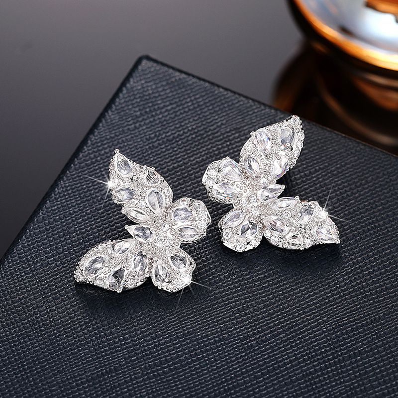 Fashion White Copper Diamond Butterfly Earrings