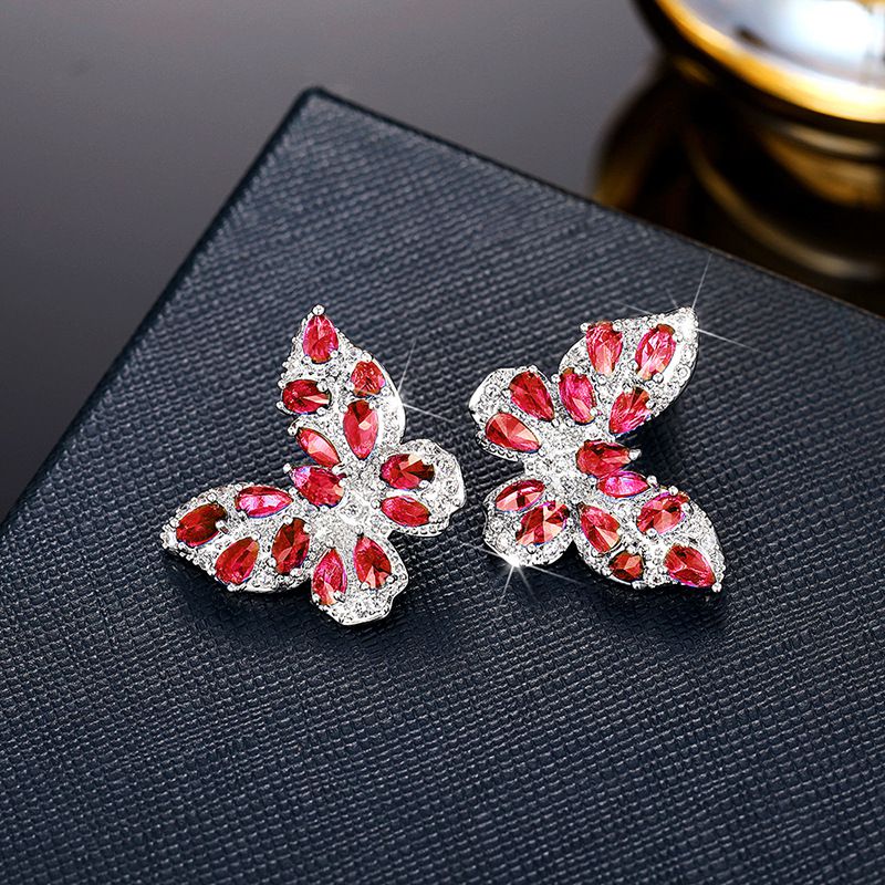 Fashion Red Copper Diamond Butterfly Earrings