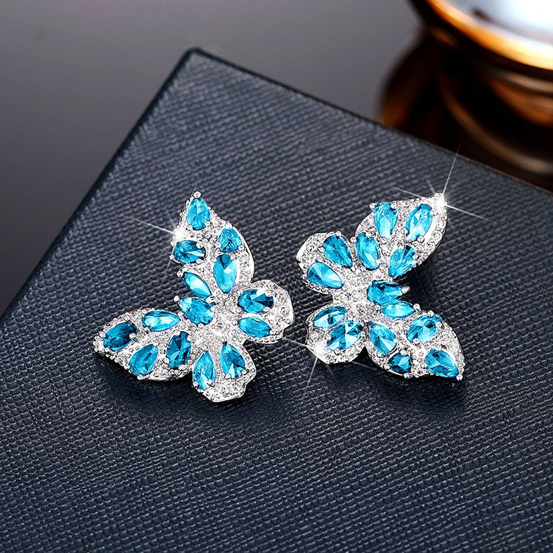 Fashion Light Blue Copper Diamond Butterfly Earrings