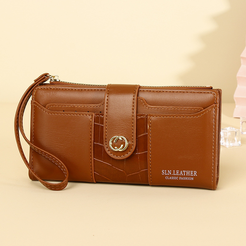 Fashion Brown Long Wallet With Pu Buckle And Multiple Card Slots