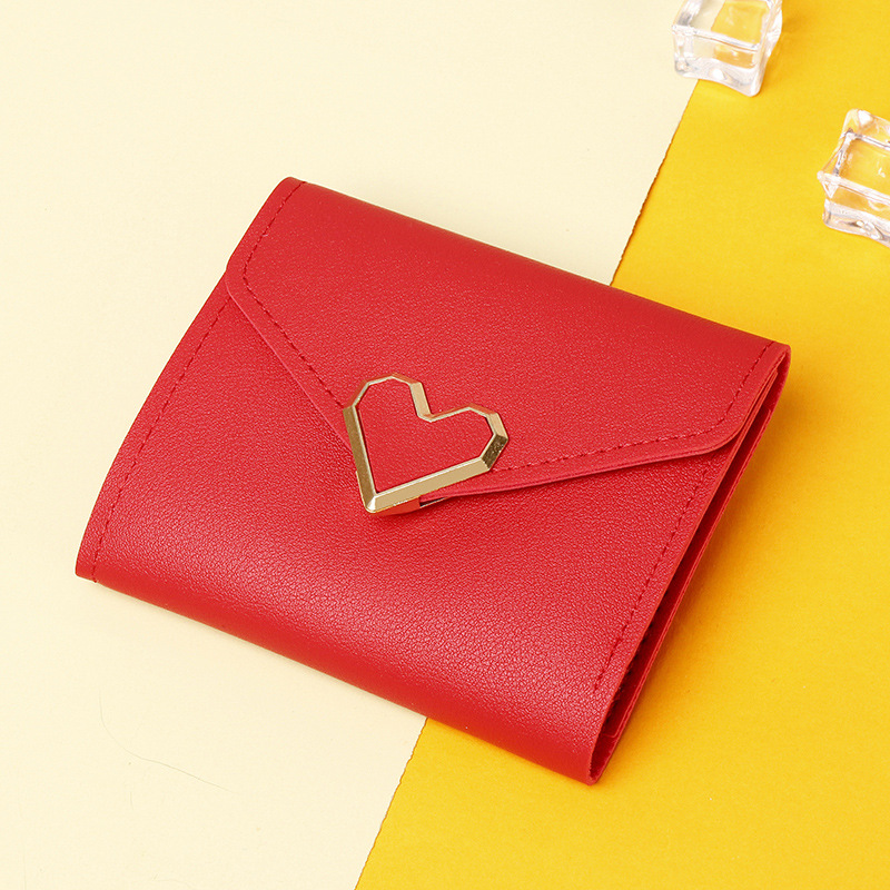 Fashion Short Red Pu Heart Buckle Flip Wallet