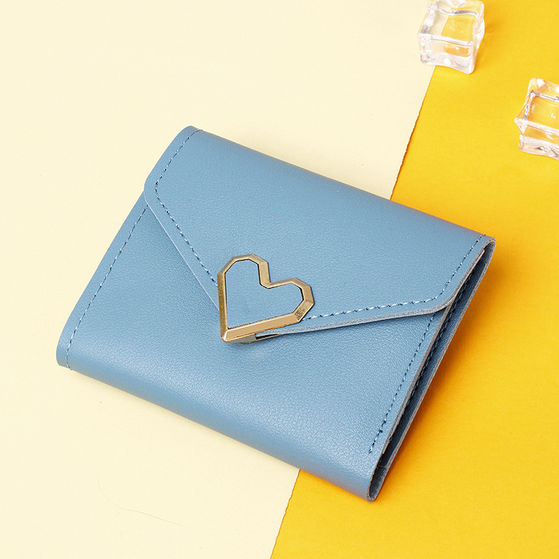 Fashion Short Blue Pu Heart Buckle Flip Wallet