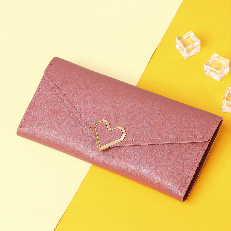 Fashion Long Dark Pink Pu Heart Buckle Flip Wallet