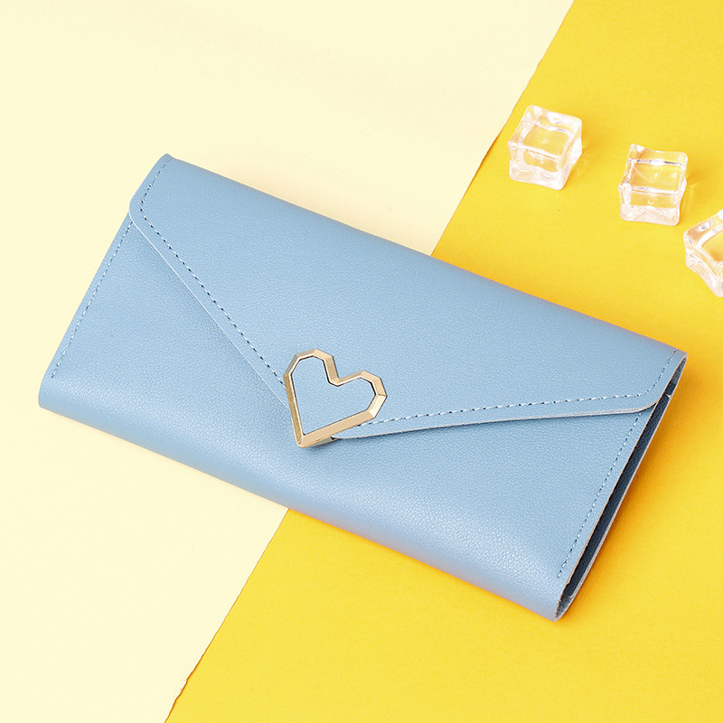 Fashion Long Blue Pu Heart Buckle Flip Wallet
