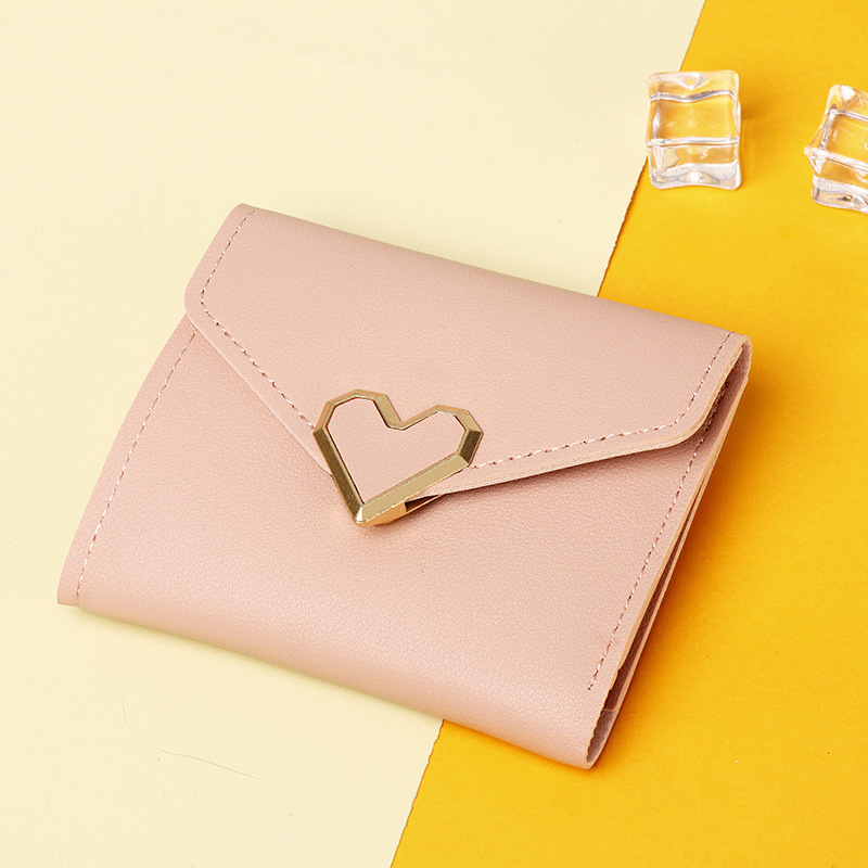 Fashion Short Light Pink Pu Heart Buckle Flip Wallet