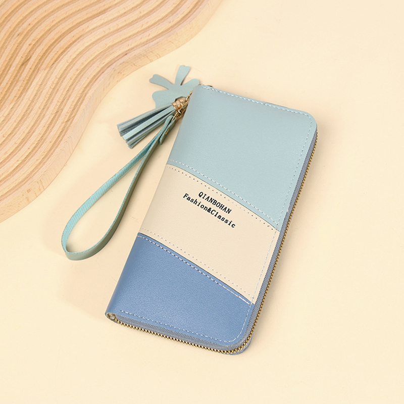 Fashion Blue Pu Contrast Color Long Zipper Wallet