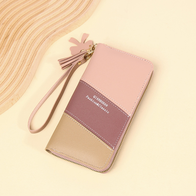 Fashion Light Pink Pu Contrast Color Long Zipper Wallet