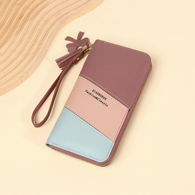 Fashion Deep Pink Pu Contrast Color Long Zipper Wallet