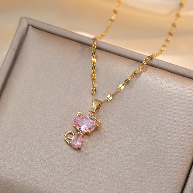Fashion A Pink Necklace {with A Pendant Titanium Steel Diamond Cat Necklace