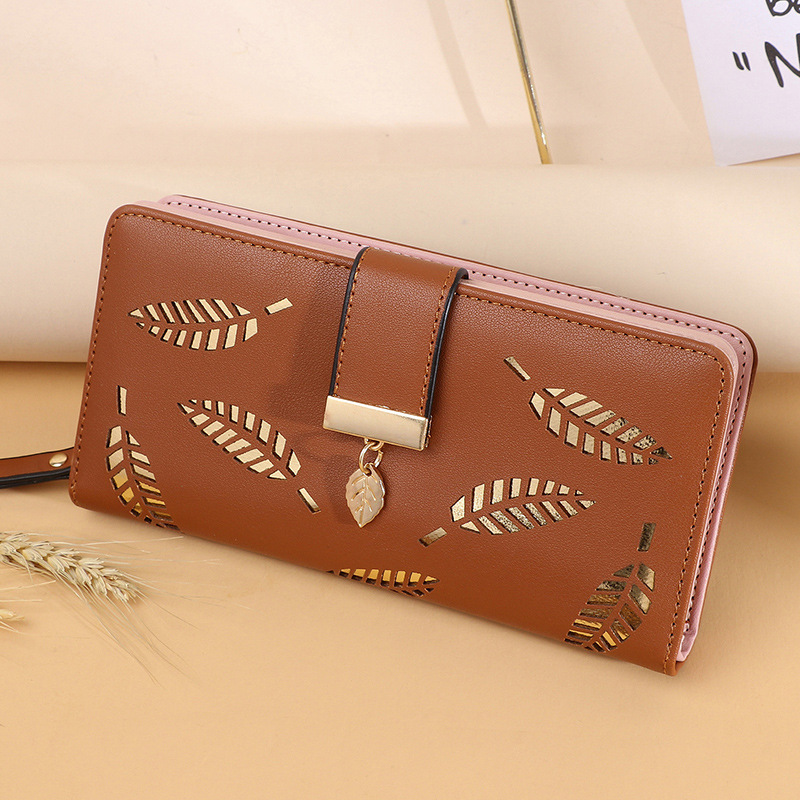 Fashion Brown Pu Leaf Buckle Long Zipper Wallet
