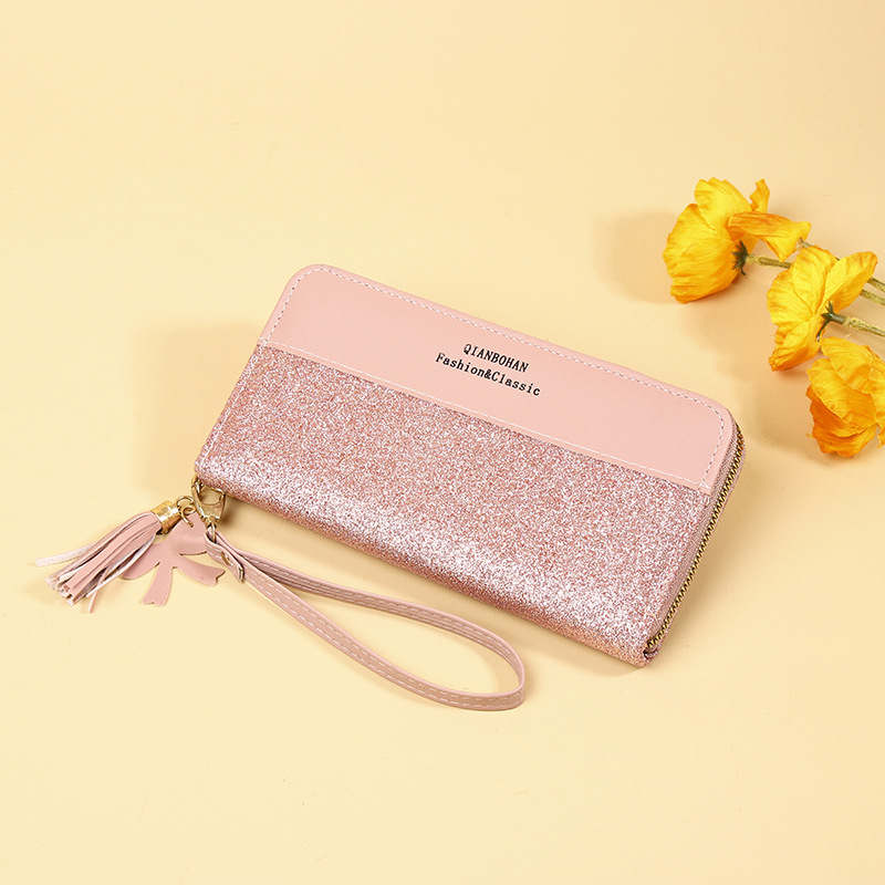 Fashion Light Pink Pu Contrasting Tassel Wallet
