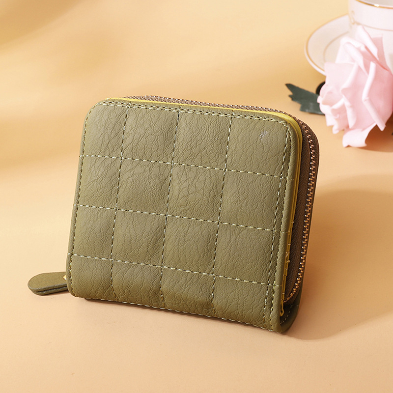 Fashion Green Pu Plaid Square Zipper Wallet