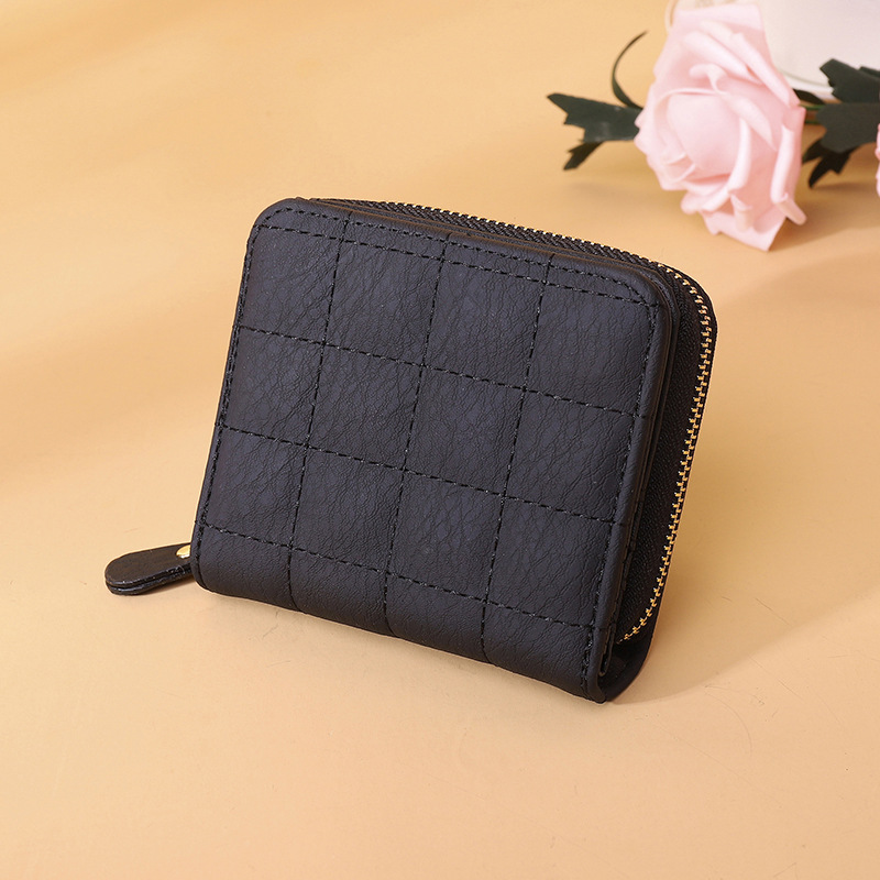 Fashion Black Pu Plaid Square Zipper Wallet