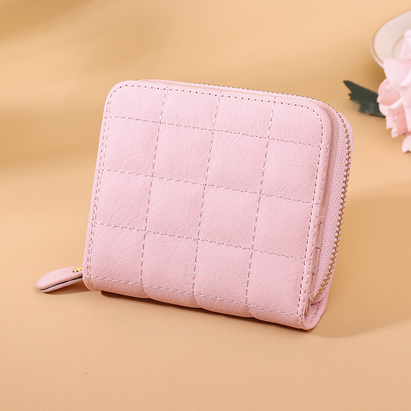 Fashion Pink Pu Plaid Square Zipper Wallet