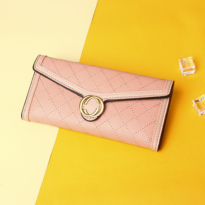 Fashion Pink Pu Rhombus Embroidery Multi-card Slot Wallet