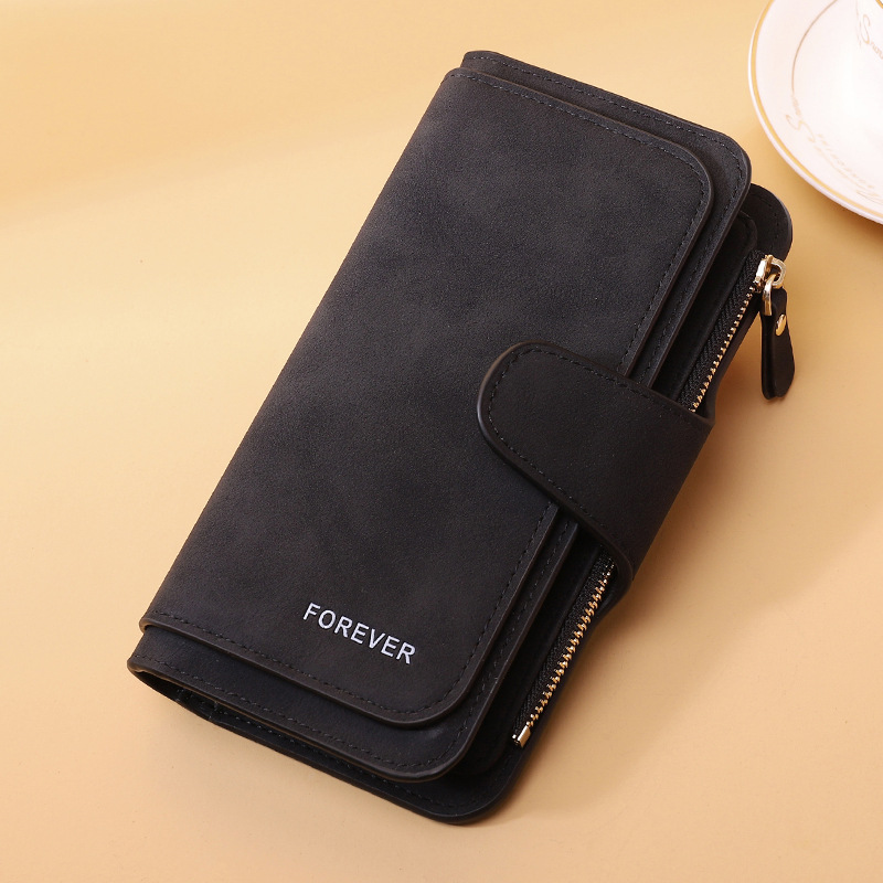 Fashion Long Black Pu Buckle Frosted Coin Purse