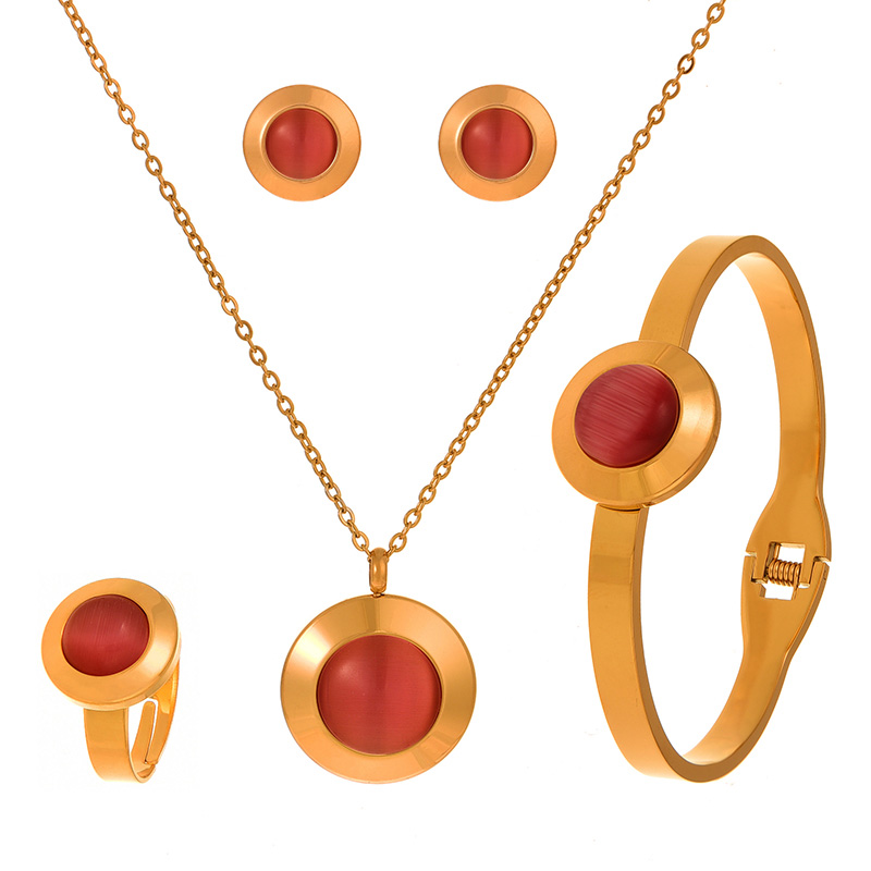Fashion Red Titanium Steel Cat's Eye Round Pendant Necklace Earrings Ring Bracelet 5-piece Set