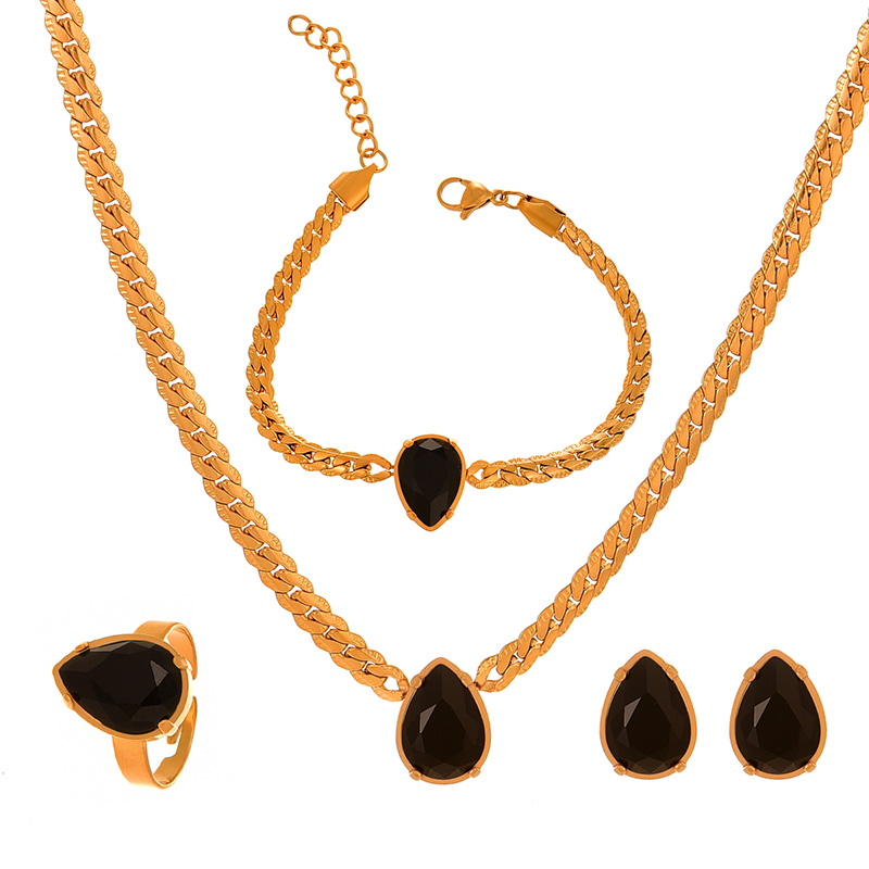 Fashion Black Titanium Steel Inlaid With Zirconium Water Drop Pendant Thick Chain Necklace Earrings Ring Bracelet 5-piece Set