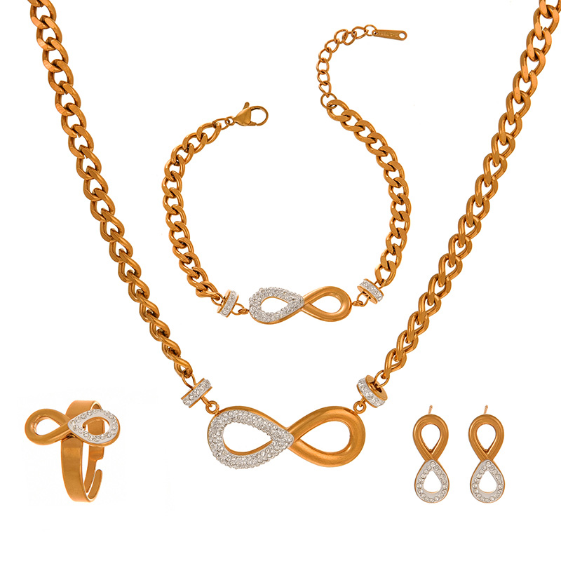 Fashion Gold Titanium Steel Inlaid With Zirconium Number 8 Pendant Necklace Earrings Ring Bracelet 5-piece Set