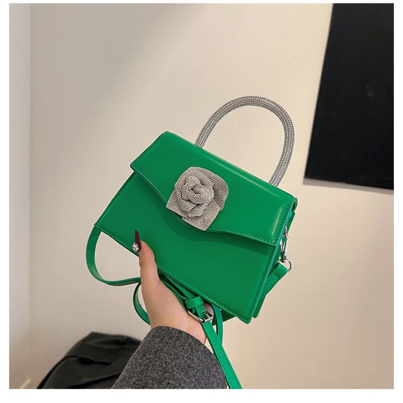 Fashion Green Pu Diamond Flower Flap Crossbody Bag