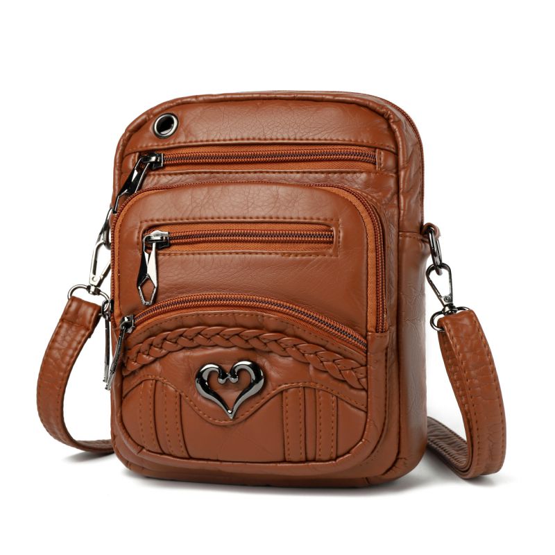 Fashion Brown Pu Zipper Large Capacity Crossbody Bag