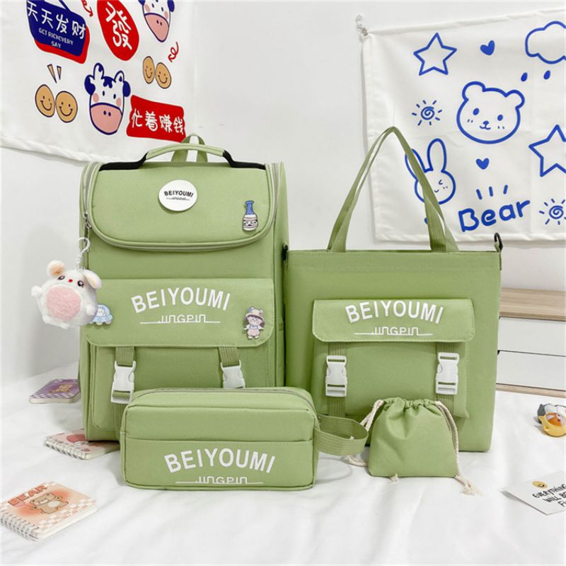 Fashion Green Oxford Cloth Large-capacity Backpack Pencil Case Shoulder Storage Bag Four-piece Set