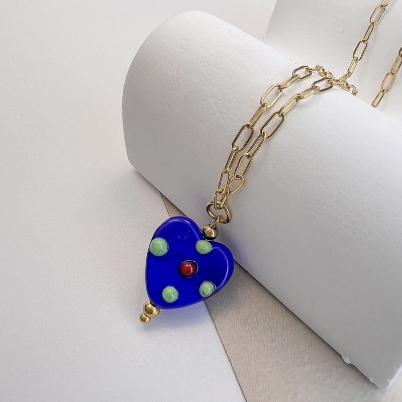 Fashion Blue Stainless Steel Love Glass Necklace