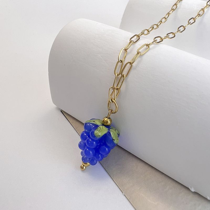 Fashion Blue Stainless Steel Glass Raspberry Necklace