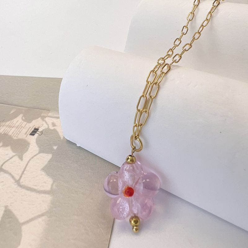 Fashion Pink Stainless Steel Glass Flower Necklace