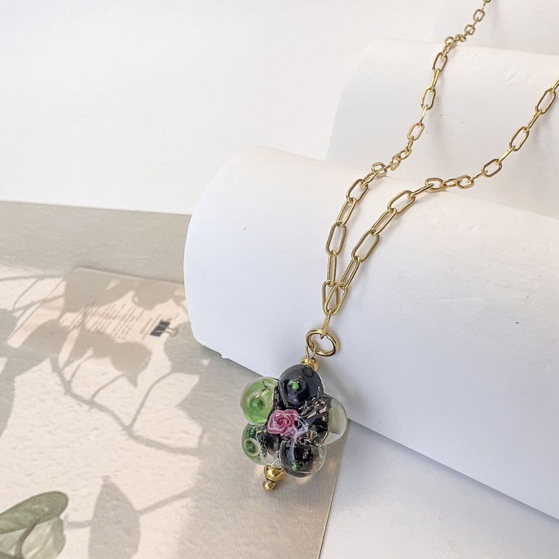 Fashion Black Stainless Steel Glass Flower Necklace