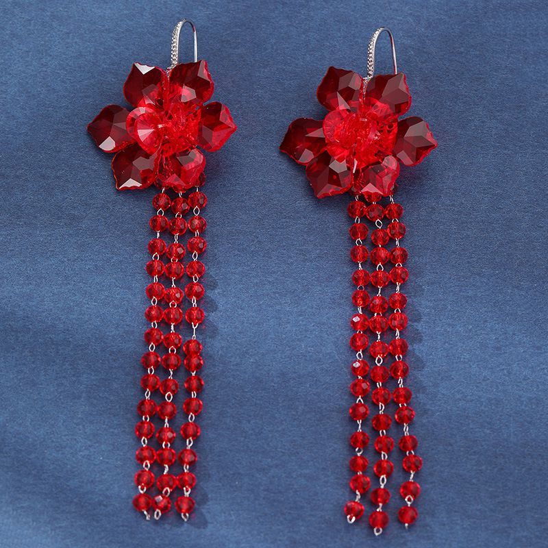 Fashion Red Geometric Flower Crystal Tassel Earrings