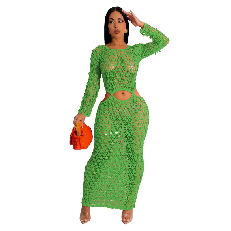 Fashion Green Polyester Knitted Hollow Sequined Long Skirt