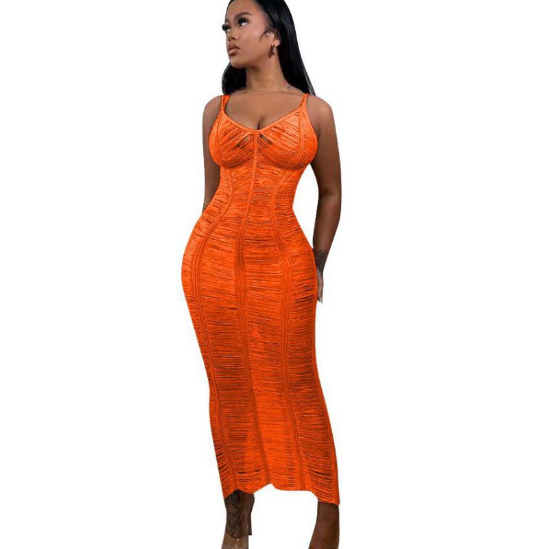 Fashion Orange Polyester Knitted Hollow Suspender Long Skirt