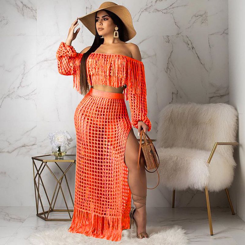 Fashion Orange Color Polyester Mesh Fringed Top Slit Skirt Suit