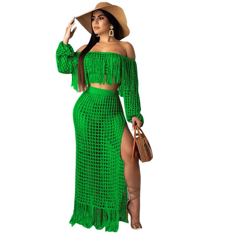 Fashion Green Polyester Mesh Fringed Top Slit Skirt Suit