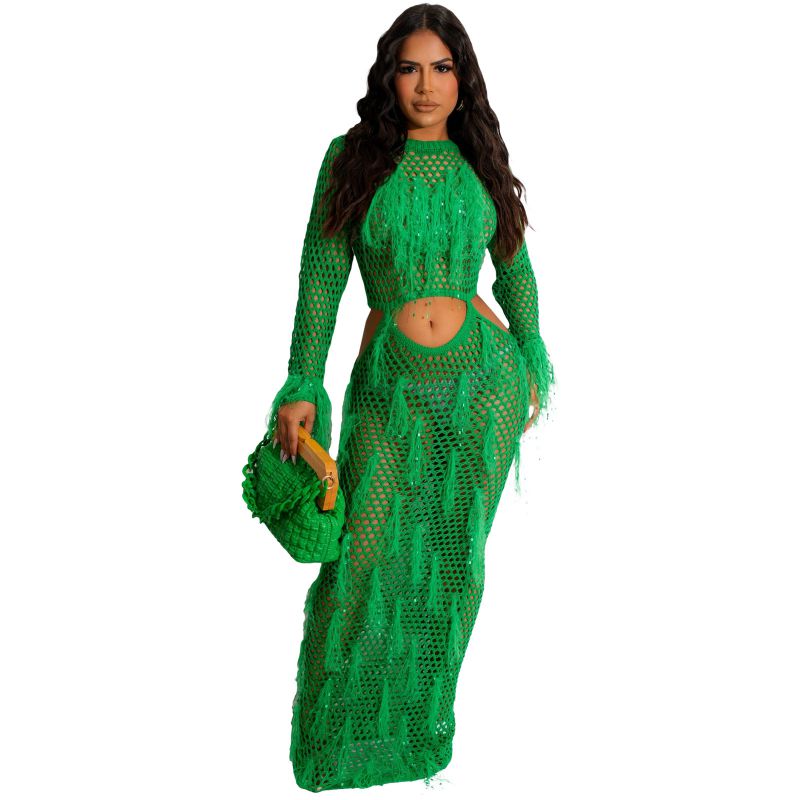 Fashion Green Polyester Knitted Hollow Fringed Long Skirt