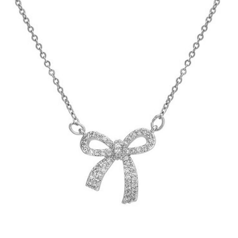 Fashion Double Ring Bow (silver) Copper Diamond Bow Necklace