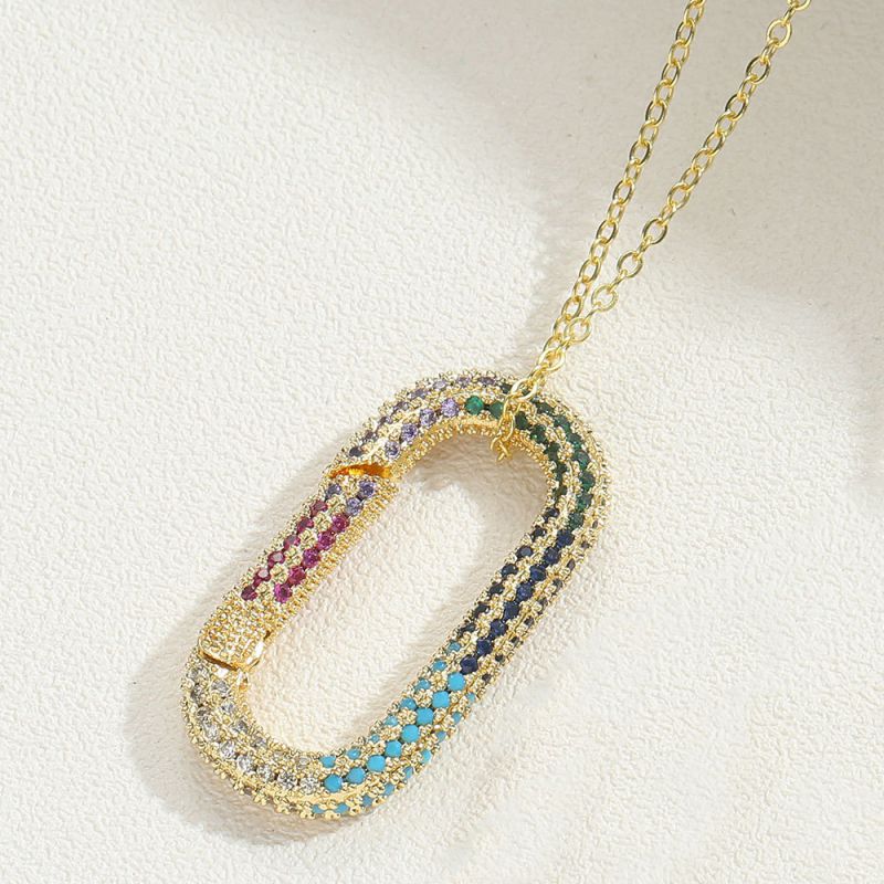Fashion Colored Zirconium Oval Gold Plated Copper Oval Necklace With Diamonds