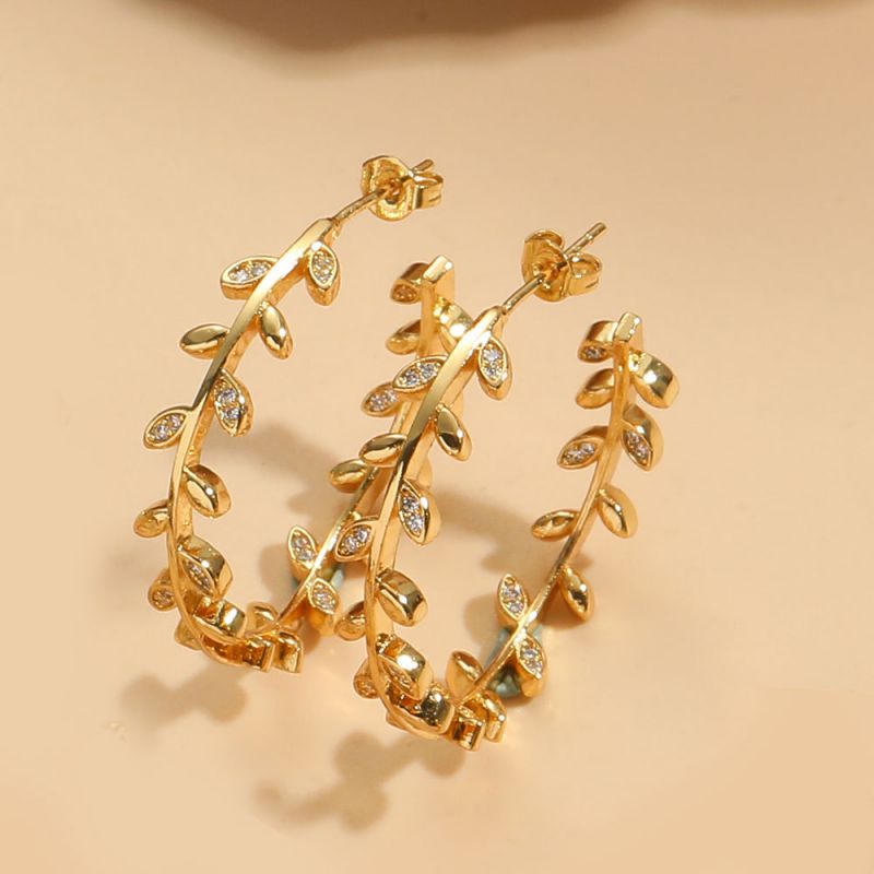 Fashion White Zirconium Leaves Gold-plated Copper Leaf Earrings With Diamonds