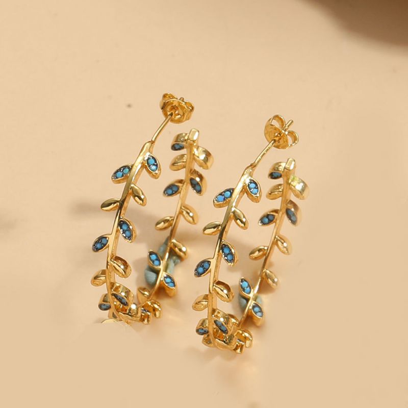 Fashion Blue Zirconium Leaves Gold-plated Copper Leaf Earrings With Diamonds
