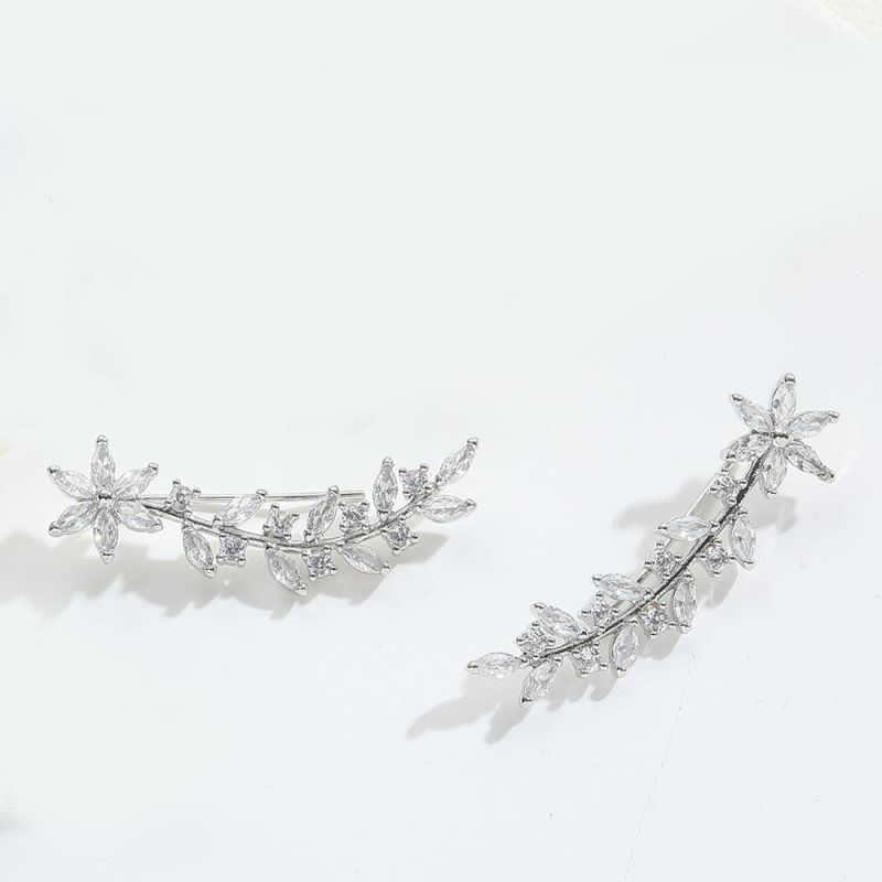 Fashion Long Leaves (silver) Copper Diamond Leaf Earrings