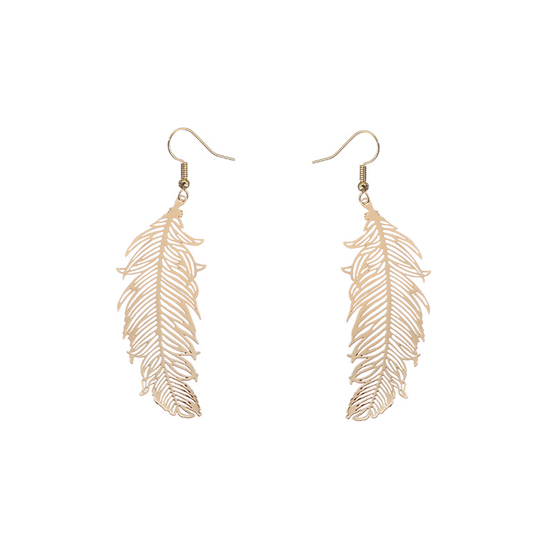 Fashion Electroplated Real Gold Metal Feather Earrings