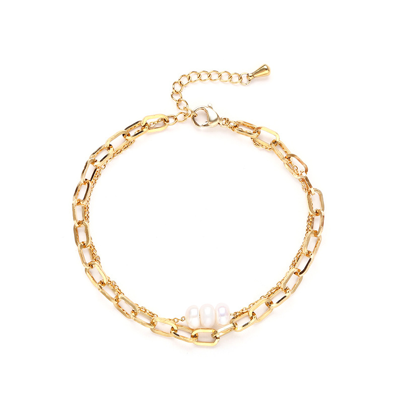 Fashion Real Gold + Freshwater Pearls In The Furnace Stainless Steel Geometric Chain Bracelet