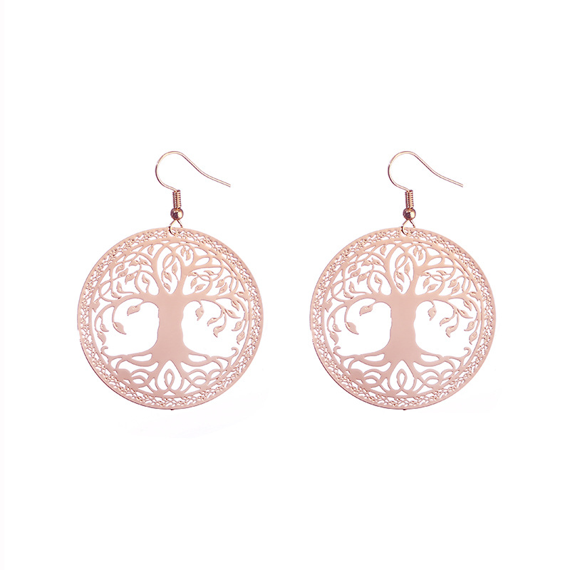 Fashion Electroplated Rose Gold Copper Hollow Carved Round Earrings