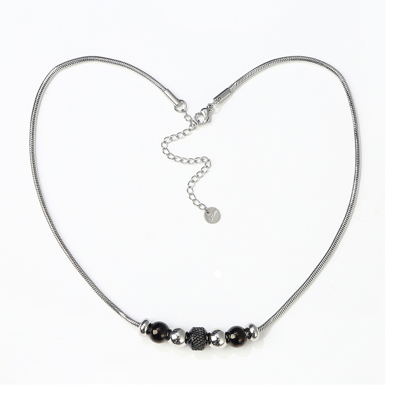 Fashion Stainless Steel + Furnace Black Stainless Steel Beaded Snake Bone Chain Necklace