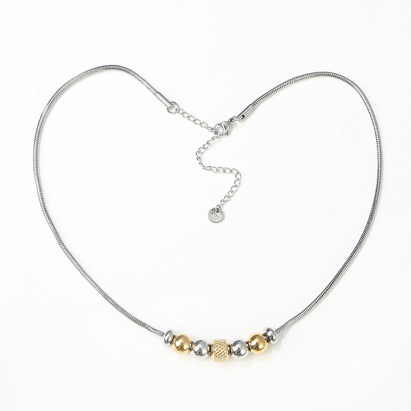 Fashion Stainless Steel + Real Gold In The Furnace Stainless Steel Beaded Snake Bone Chain Necklace